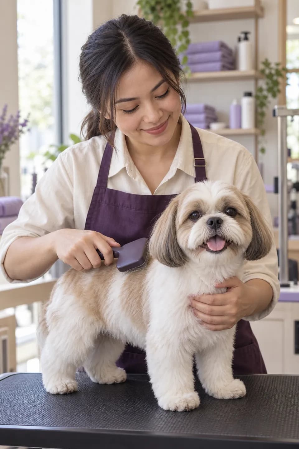 Groomer menyikat bulu Shih Tzu dengan lembut di salon hewan